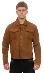 Mens Goat Suede Jeans Jacket-Adelaide - Tan - Size Medium