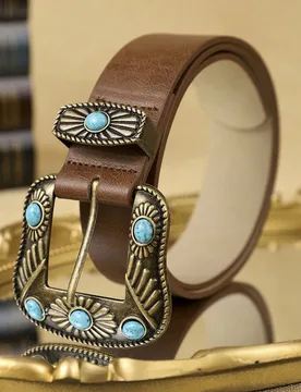 Pieza Cinturón de mujer de piel de PU marrón con hebilla con cuentas, estilo bohemio, adecuado para uso casual, fiesta, diario, Halloween, verano, e - Shein - FashionsVida
