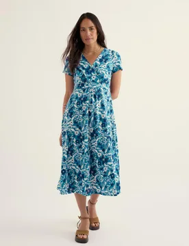 Pure Cotton Floral V-Neck Midi Waisted Dress Blue Mix female - Seasalt cornwall - FashionsVida