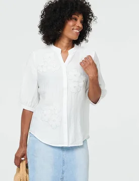 Women's Embellished Floral 3/4 Sleeve Blouse in White Size: Medium/Large - White - Size: M/L - Izabel London - FashionsVida