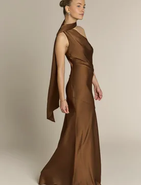 Raye One Shoulder Dress in Chocolate Brown - 8 - Rewritten - FashionsVida