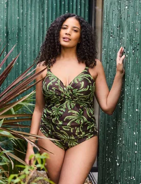 Tummy Control Palm Print Padded Tankini Top Green female - Live Unlimited London - FashionsVida