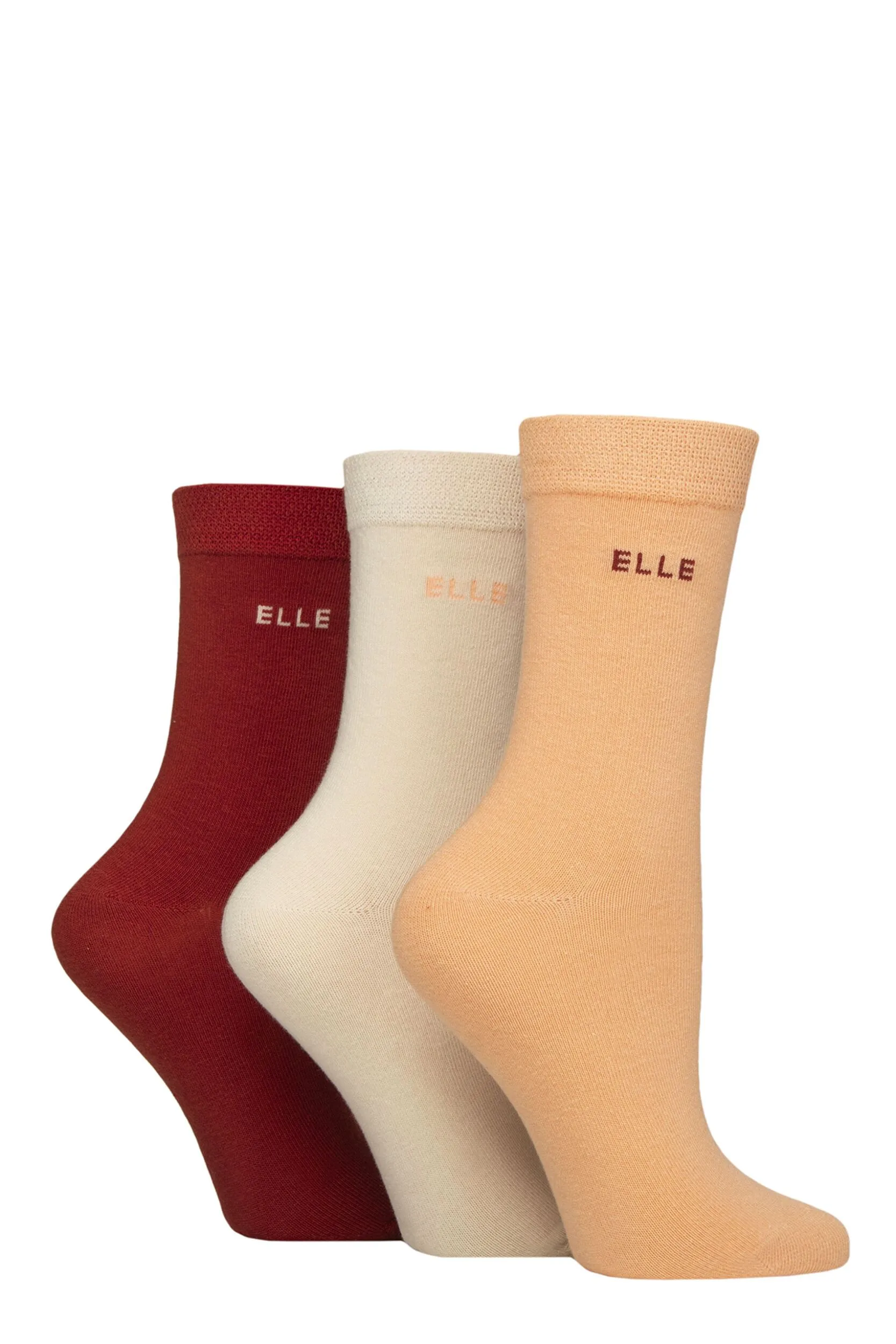Women's 3 Pair Plain, Striped and Patterned Cotton Socks with Smooth Toes Plain Wild Poppy 4-8 - Assorted - Size: Small - ELLE - FashionsVida
