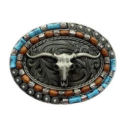 Retro Oval Longhorn Design Colored Bead Decoration Men's Belt Buckle