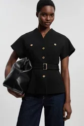 Textured Compact Stretch High Neck Belted Top - Black - Size: 6