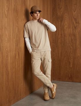 Pantaloni cargo jogger relaxed in cotone - beige