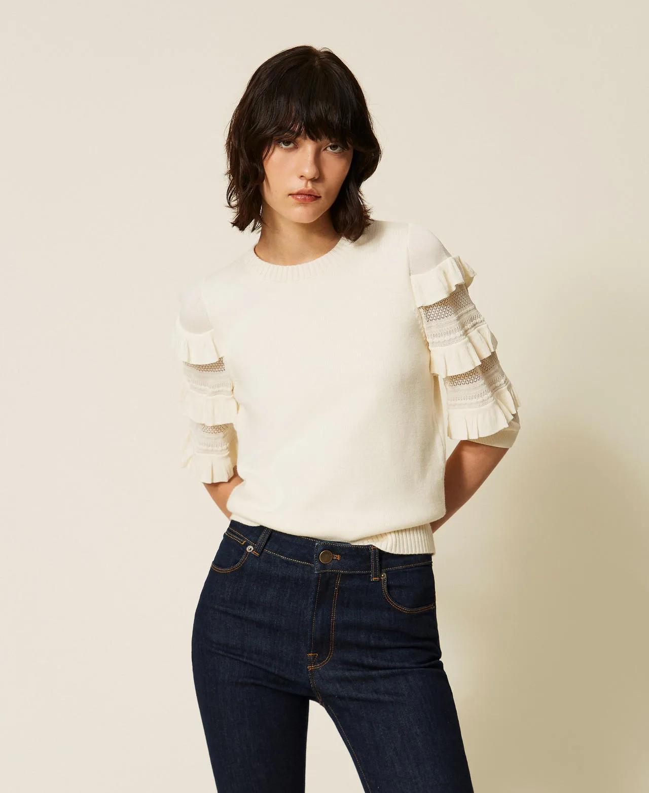Pull en point filet avec volants - TWINSET - FashionsVida