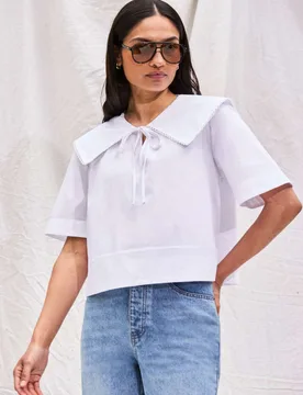 Pure Cotton Oversized Collared Tie Neck Top White female - RO&ZO - FashionsVida