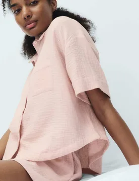 Pure Cotton Muslin Shortie Pyjama Set Dusted Pink female - M&S - FashionsVida
