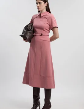 Women's Petite Compact Stretch Tab Detail Full Skirted Midi Dress in Dusty Rose Size: 8 - Dusty Rose - Size: 8 - Karen millen - FashionsVida