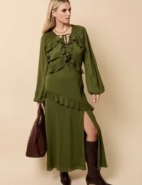 Women's Khaki Chiffon Ruffle Maxi Dress Size: 10 - Khaki - Size: 10 - Little mistress - FashionsVida