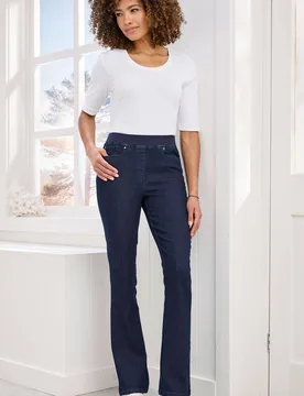 Women's Premium Pull-On Bootcut Jeans in Dark Navy Size: 14R - Dark Navy - Size: 14R - Cotton Traders - FashionsVida