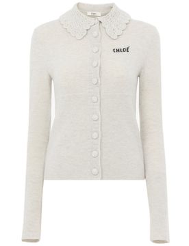 Chloé Women's 100% Wool Guipure-Trim Sweater with Fabric-Covered Buttons and Logo Chest, Size S