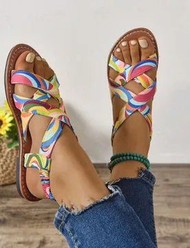 Sandalias casuales planas de mujer con correa de colores múltiples, sandalias versátiles y de moda para exteriores - Shein - FashionsVida