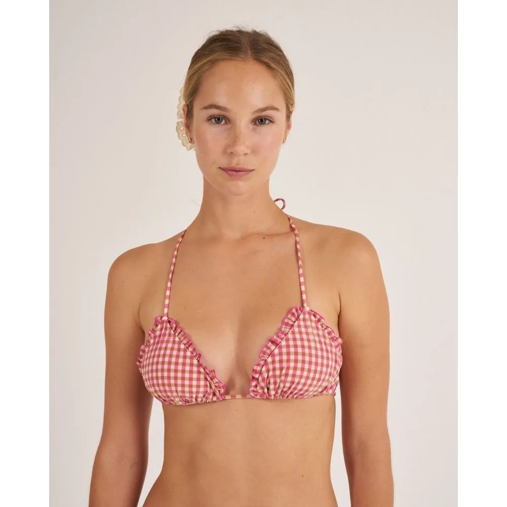Top de bikini triangular con volante y estampado de cuadros - Bohodot - FashionsVida