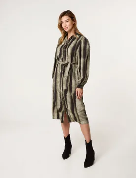 Printed Puff Sleeve Button Through Midi Dress - 8 / KHAKI - female - Blue Vanilla - FashionsVida