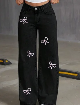 Jeans acampanados de ajuste holgado con estampado de moño para adolescentes, pantalones vaqueros casuales y cómodos - Shein - FashionsVida