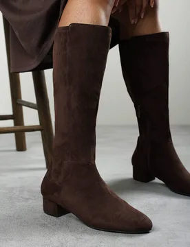 Women's Paislee Round Toe Block Heel Stretch Suede Boots in Dark Brown Size: 6 - Dark Brown - Size: 6 - Where's That From - FashionsVida