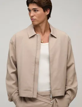Men's Back Pleat Tailored Boxy Harrington Co-ord Jacket Taupe Size X-Large Taupe XL - boohooMAN - FashionsVida