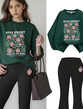 Set de 2 piezas de ropa para niñas, sudadera verde con estampado de fresa combinada con pantalones acampanados negros, lindo y de moda. Suave y cómo - Shein - FashionsVida