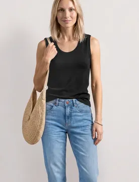 Top mit Rounded V-Neck und Knopfdetail female Schwarz