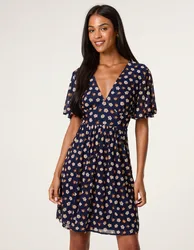 Ditsy Floral V Neck Tie Back Mini Dress - XL / NAVY - female