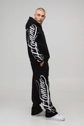 Men's Oversized Boxy Script Hoodie and Relaxed Split Hem Jogger Tracksuit Black Size X-Large Black XL
