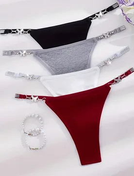 Conjunto de 4 tangas sexy para mujer, con diseño de anillo de mariposa plateado brillante, lencería con anillo de metal, cómoda y de ajuste suave - Shein - FashionsVida