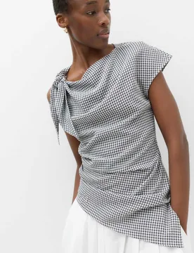 Lyocell Rich Gingham Draped Top Navy Mix female - M&S - FashionsVida