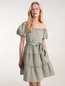 Milkmaid Puff Sleeve Mini Dress - 8 / LIGHT KHAKI - female - Blue Vanilla - FashionsVida