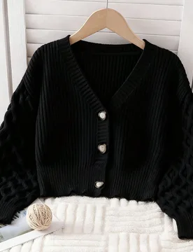 Cárdigan de punto corto de manga larga de color marrón castaño sólido, elegante, versátil y suave, adecuado para usar en casa, salidas diarias, a - Shein - FashionsVida
