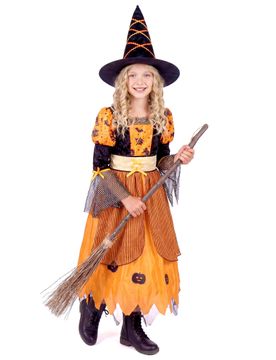 Niedliches Kürbis-Hexenkostüm Halloween-Mädchenkostüm orange-schwarz