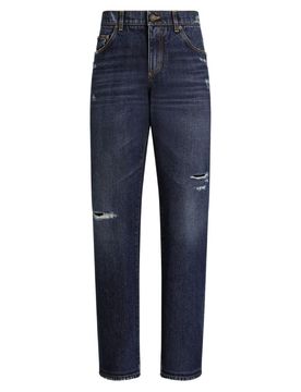 Men's Loose-Fit Distressed Five-Pocket Jeans with Back Logo Plaque