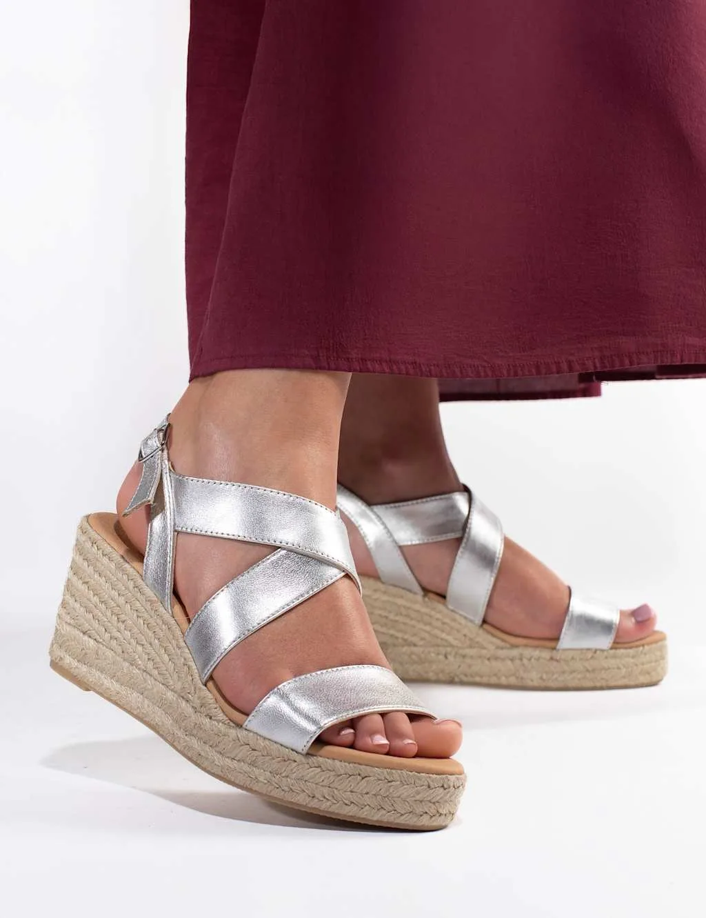 Leather Metallic Wedge Espadrille Sandals Silver female - Jones Bootmaker - FashionsVida