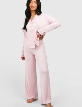 Womens Petite Long Sleeve Shirt & Trousers Pyjama Set - Light Pink - Size 14 Uk - Boohoo - FashionsVida