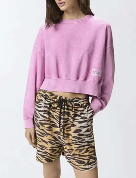 Felpa cropped fucsia in cotone effetto marmorizzato con logo sul davanti - PINKO - FashionsVida