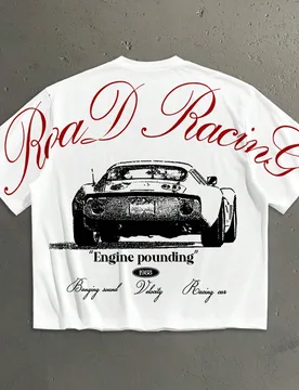 Camiseta de manga corta para hombre, blanca, talla estándar, corte holgado con hombros caídos, estampado de moda con silueta de coche de carreras re - Shein - FashionsVida