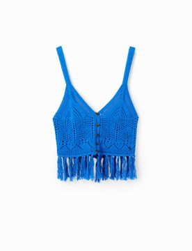 Crop top crochet, Coton, Bleu, L