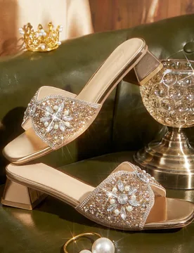 Sandalias de tacón alto con decoración de rhinestones y tela de moda para mujer, adecuadas para actividades al aire libre y fiestas, zapatos de prim - Shein - FashionsVida