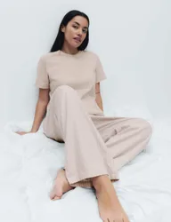 Pure Cotton Pyjama Set With Woven Bottoms Neutral female