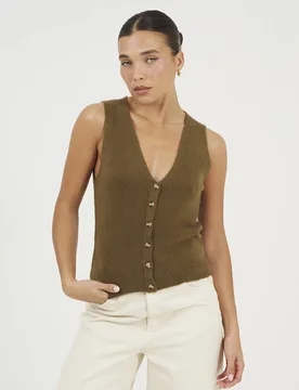 Mossy Yarn V-Neck Knitted Waistcoat - Khaki - Size: L - Brave soul - FashionsVida