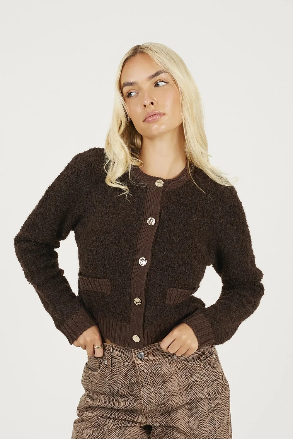 Button Through Womens Boucle Cardigan - - Size: L - Brave soul - FashionsVida