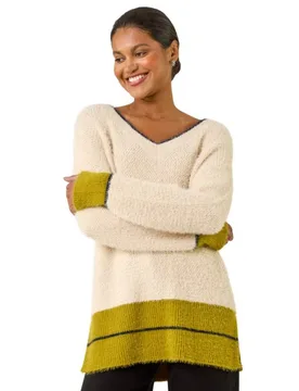 Womens Stripe Trim V-Neck Knit Jumper - Ivory - Size 18 Uk - Roman - FashionsVida