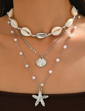 Set de 3 collares hechos a mano con cuerda trenzada y conchas, con colgantes de estrella de mar y vieira de plata, elegante y romántico para uso diar