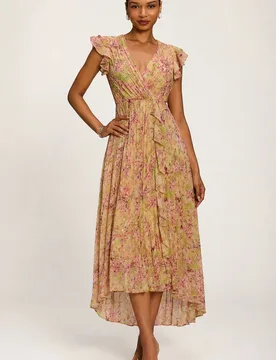 Women's Pleated Chiffon Dip Hem Maxi Dress Size: 12 - Multicolor - Size: 12 - Jolie Moi - FashionsVida