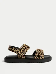 Leather Leopard Print Flatform Sandals Brown Mix female
