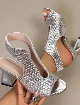 Sandalias de tacón grueso con puntera redonda y hueco francés de verano para mujer - Shein - FashionsVida