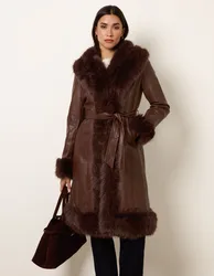 Faux Fur Trim Midi Coat - 12 / CHOCOLATE - female
