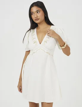 Womens Cream Puff Sleeve Mini Dress With Floral Embroidery - Size Large - Brave soul - FashionsVida
