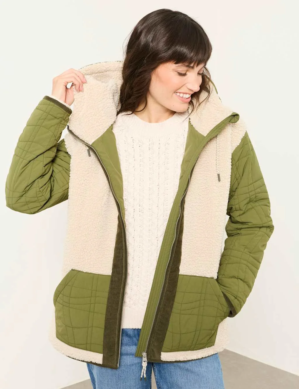 Borg Quilted Hooded Zip Through Jacket Green female - Fatface - FashionsVida